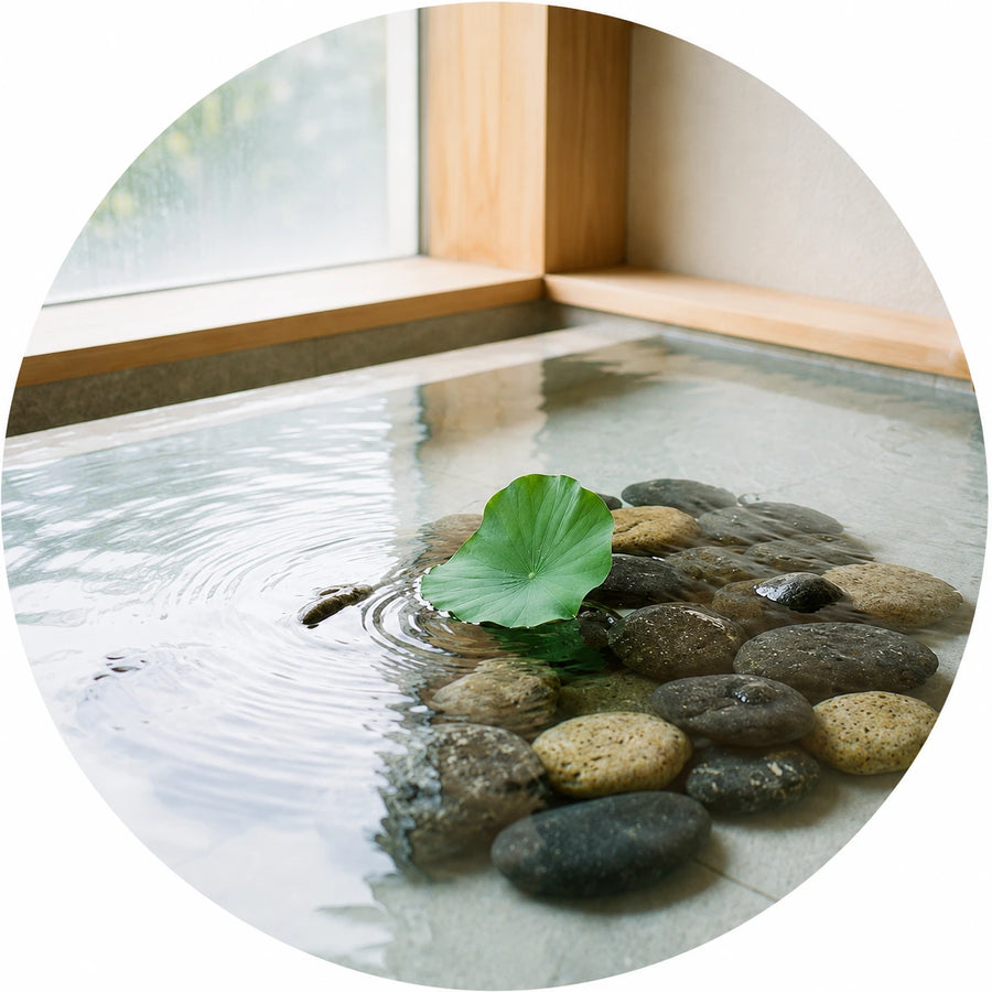 Calm water and stones, symbolizing gentle Korean skincare
